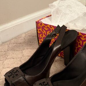 Tory Burch Dark Brown Leather Slingback Block Heel Sandals